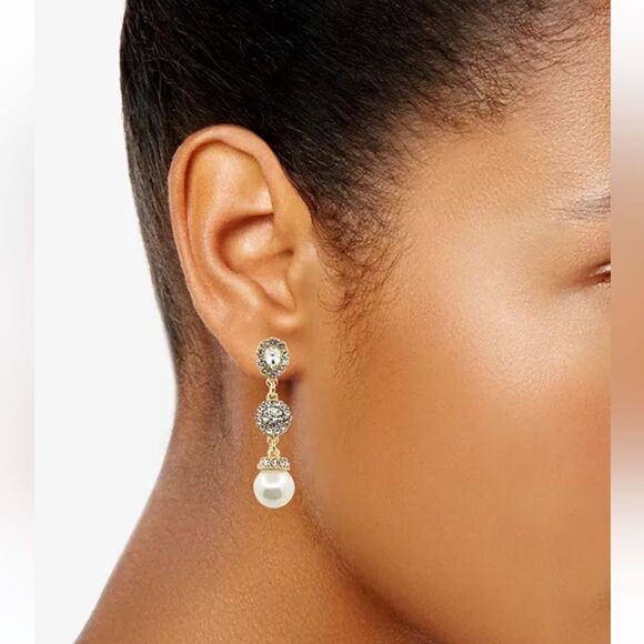 Charter Club Gold tone imitation 1.5” Pearl Drop Earrings - Picture 2 of 4